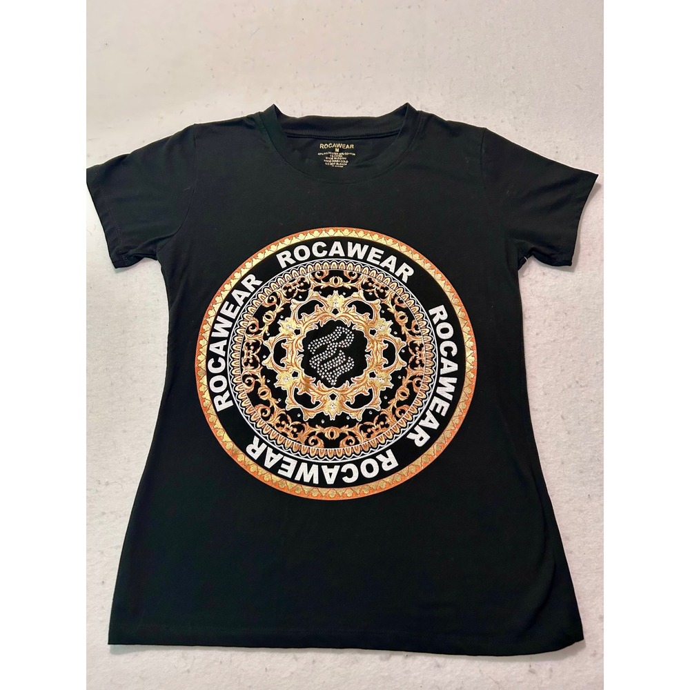 Rocawear Womens Black Graphic T-Shirt Rhinestone Medallion Logo Size M RN119220